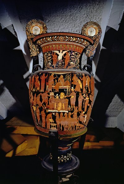 Apulian red-figure volute-crater decorated with a scene of the sacrifice of Trojan prisoners by Achilles at the funeral of Patroclus, Greek, from Canosa, 4th century BC by Darius Painter